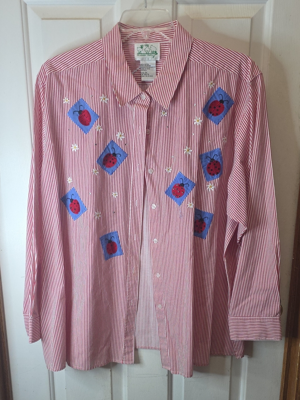 Quacker Factory Red And White Striped Button-Down Shirt with Ladybug Embroidery